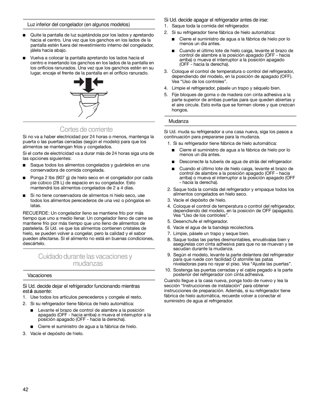 Sears T1KB2/T1RFKB2 manual Cortes de corriente, Cuidado durante las vacaciones y Mudanzas 