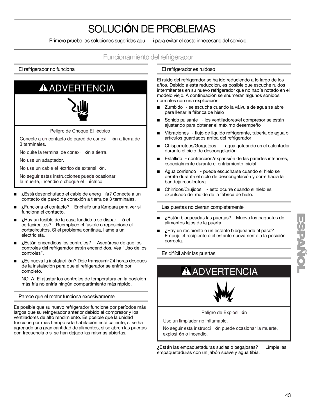 Sears T1KB2/T1RFKB2 manual Solución DE Problemas, Funcionamiento del refrigerador 