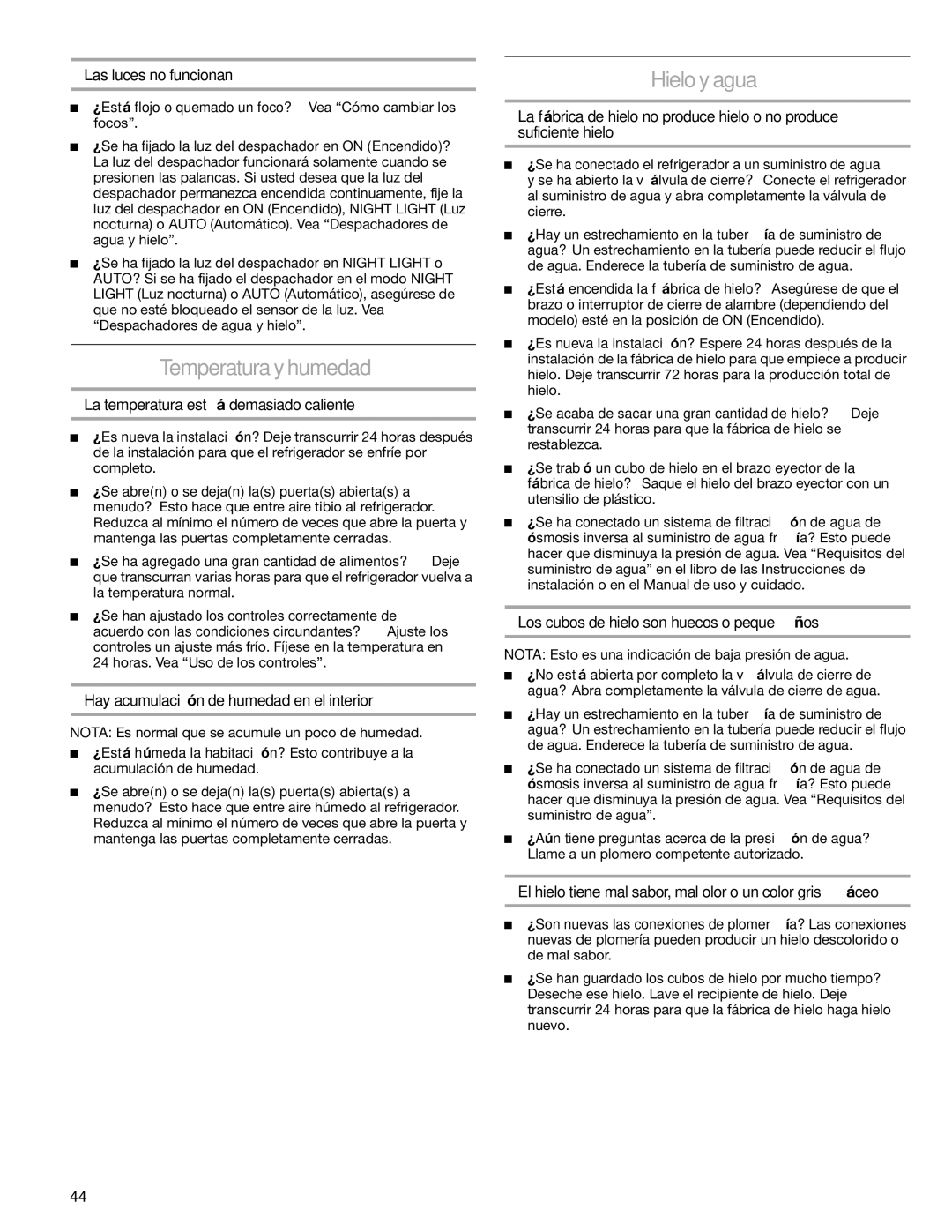 Sears T1KB2/T1RFKB2 manual Temperatura y humedad, Hielo y agua 