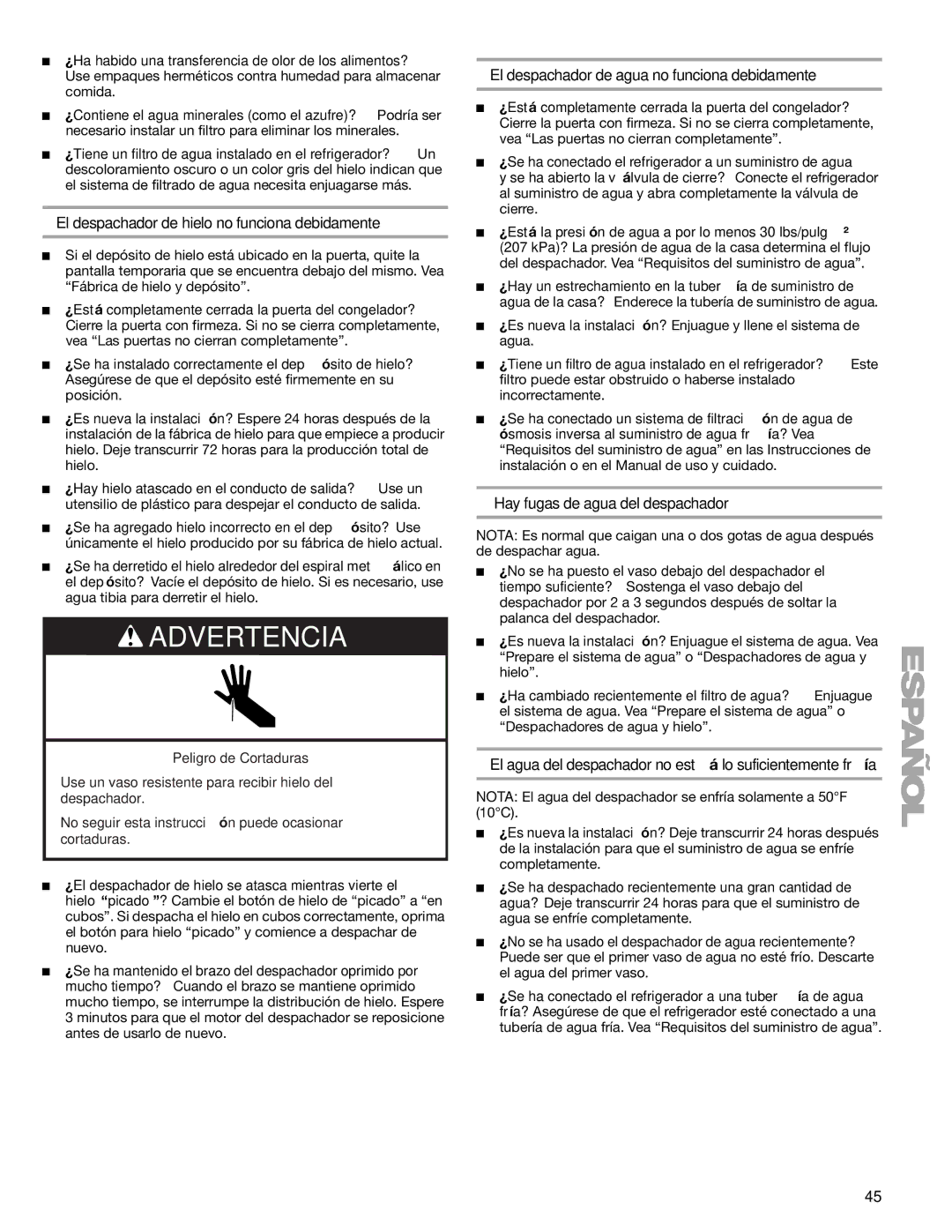 Sears T1KB2/T1RFKB2 manual El despachador de hielo no funciona debidamente, El despachador de agua no funciona debidamente 