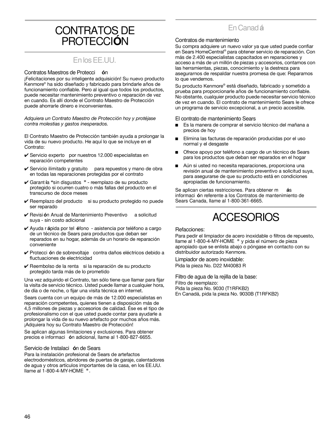 Sears T1KB2/T1RFKB2 manual Contratos DE Protección, Accesorios, En los EE.UU, En Canadá 