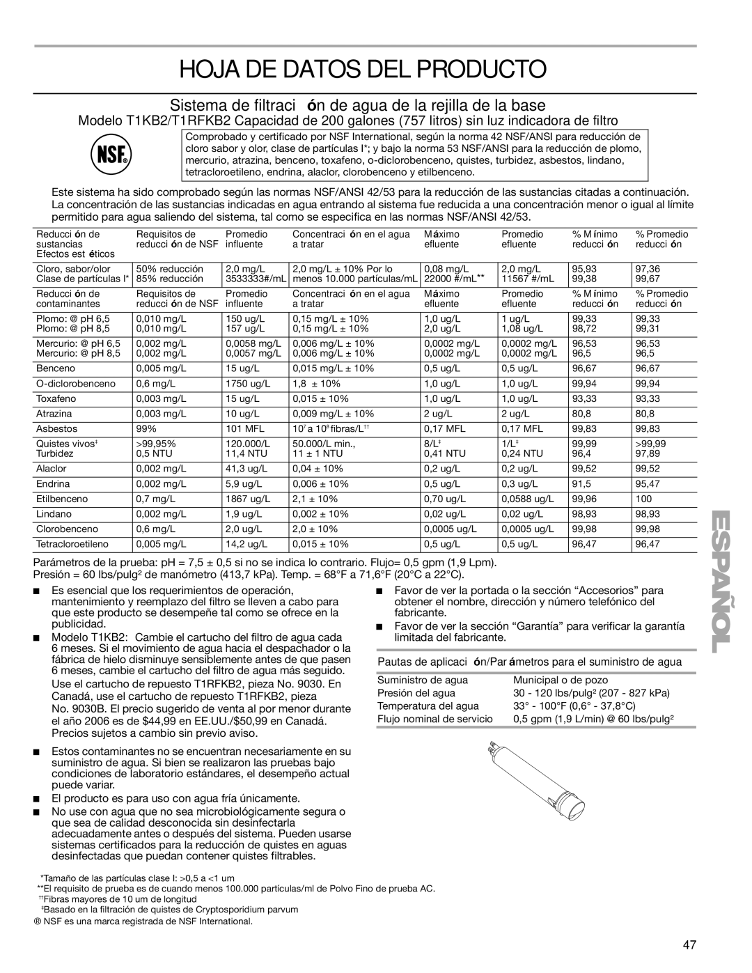 Sears T1KB2/T1RFKB2 manual Hoja DE Datos DEL Producto, Pautas de aplicación/Parámetros para el suministro de agua 