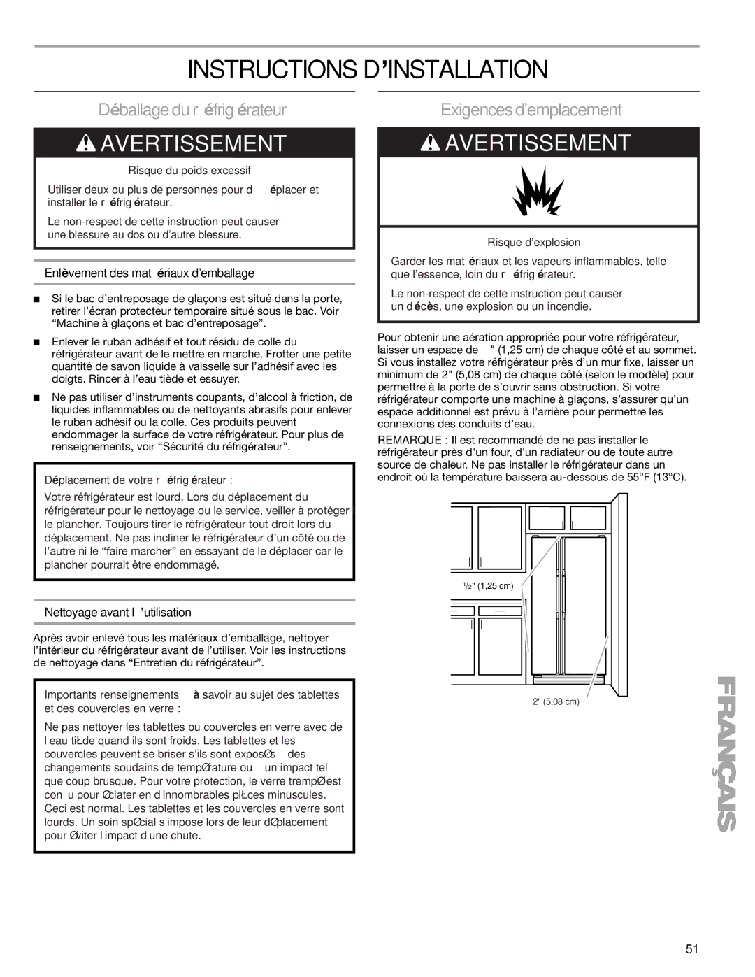 Sears T1KB2/T1RFKB2 manual Instructions D’INSTALLATION, Déballage du réfrigérateur, Exigences demplacement 