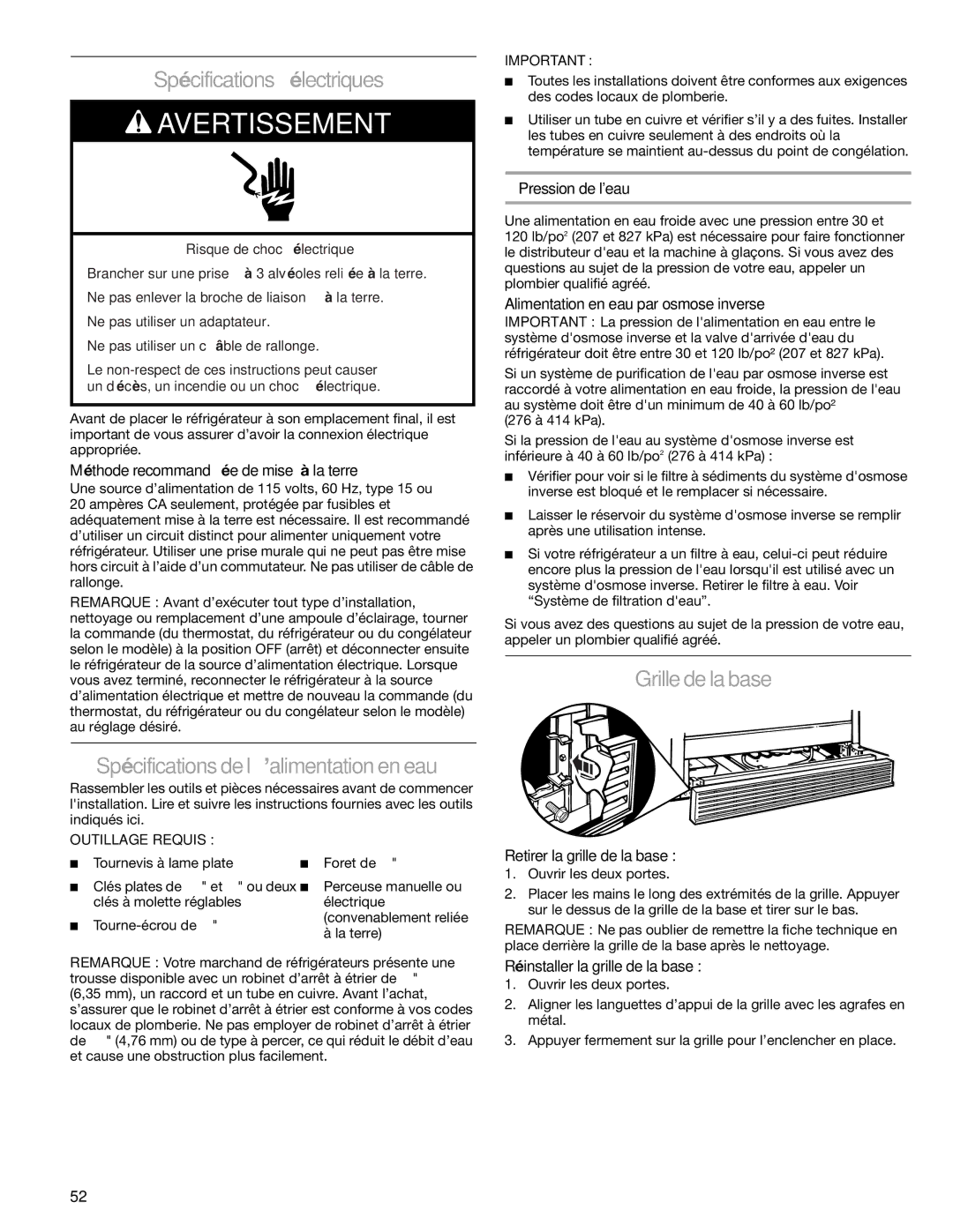 Sears T1KB2/T1RFKB2 manual Spécifications électriques, Grille de la base 