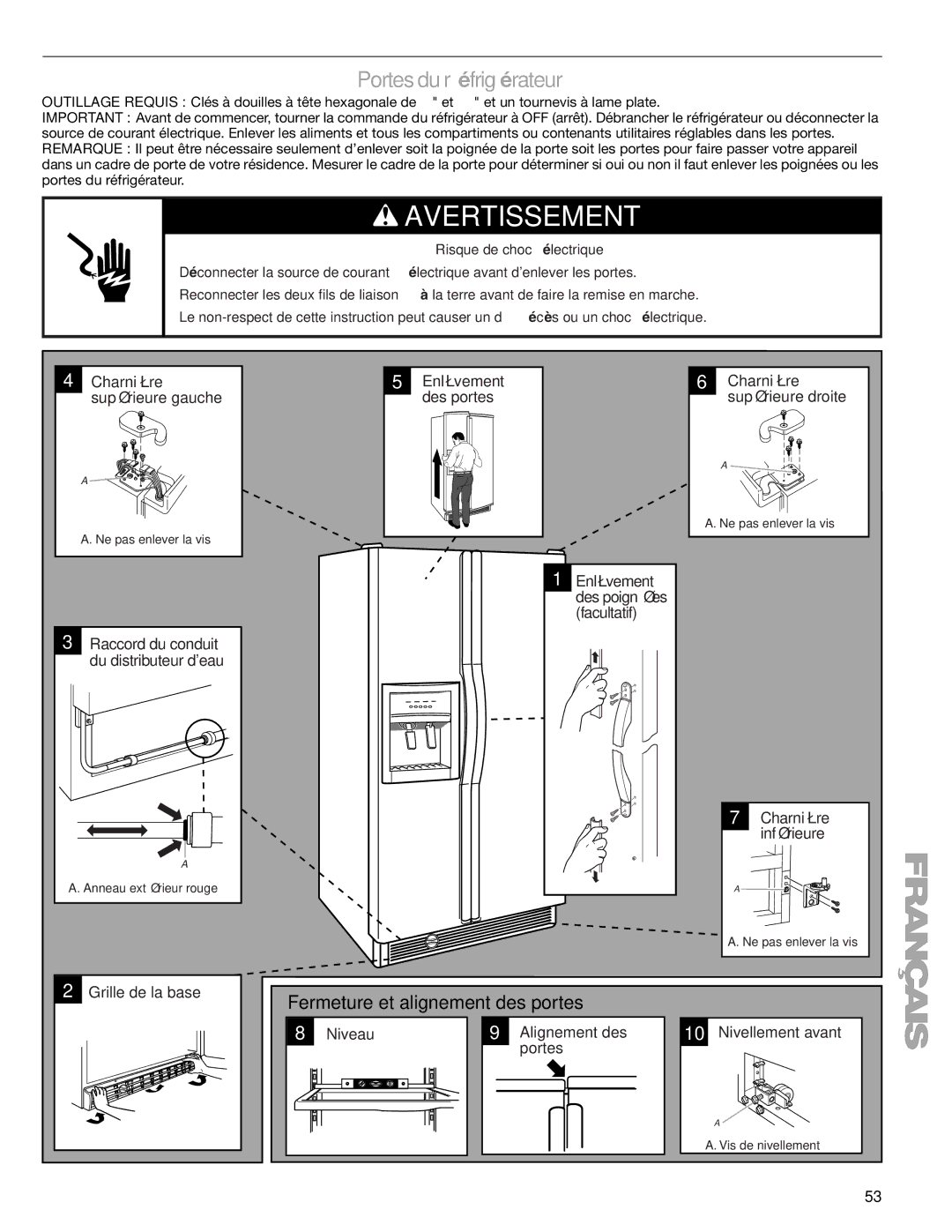 Sears T1KB2/T1RFKB2 manual Portes du réfrigérateur, Raccord du conduit 