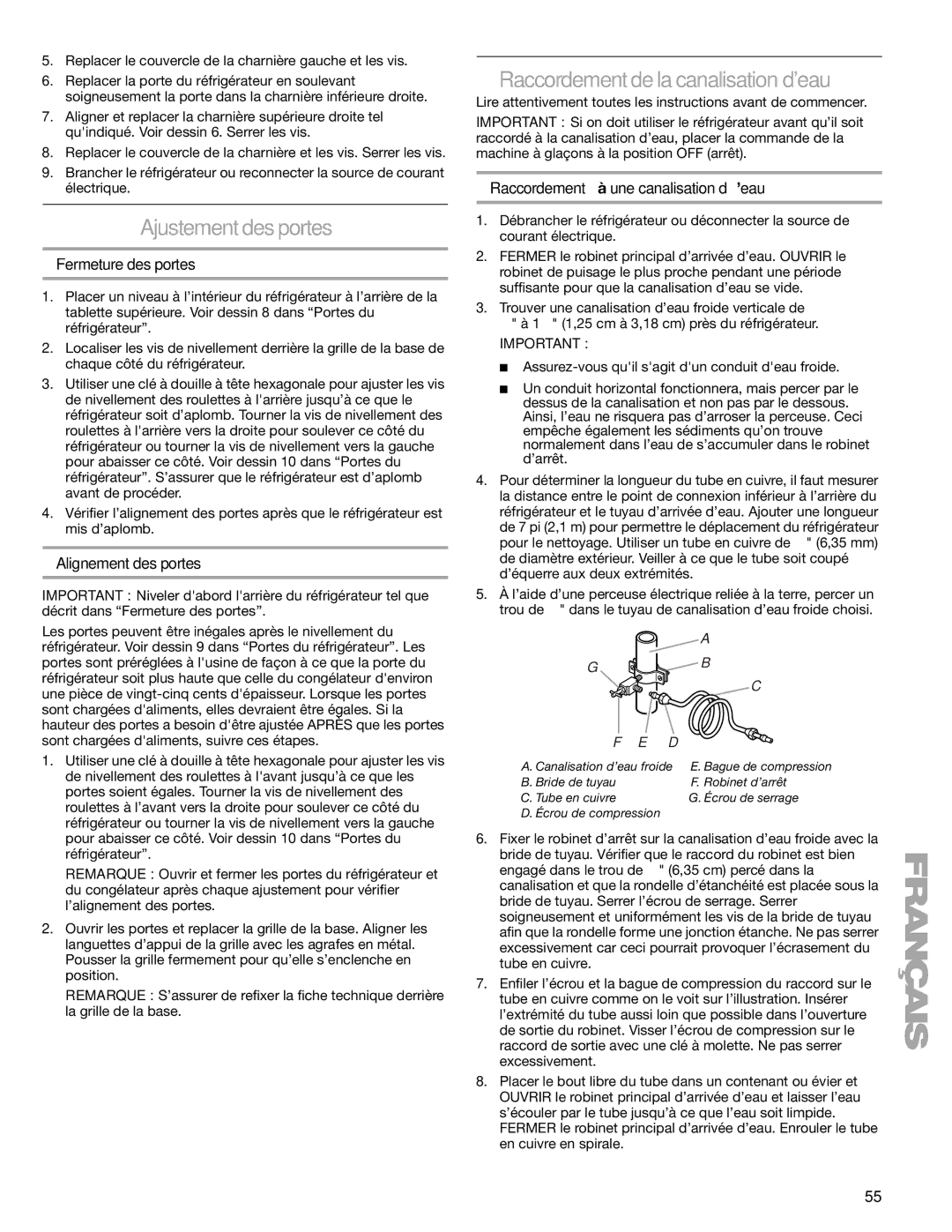 Sears T1KB2/T1RFKB2 manual Ajustement des portes, Raccordement de la canalisation deau, Fermeture des portes 