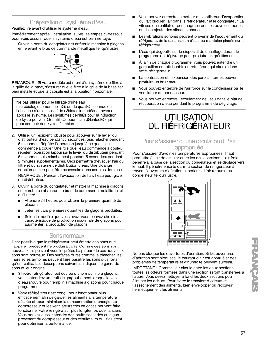 Sears T1KB2/T1RFKB2 manual Utilisation DU Réfrigérateur, Préparation du système d’eau, Sons normaux 