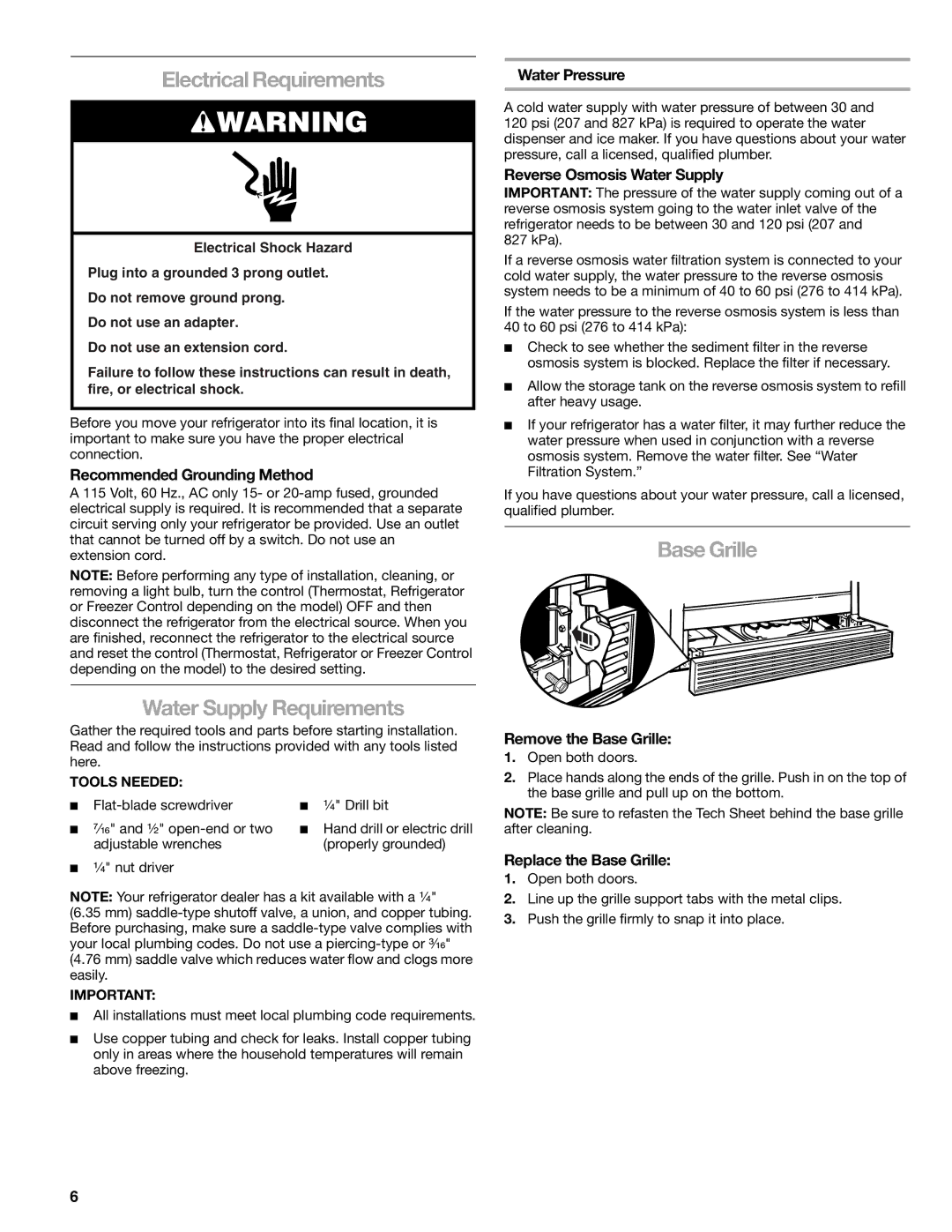 Sears T1KB2/T1RFKB2 manual Electrical Requirements, Water Supply Requirements, Base Grille 