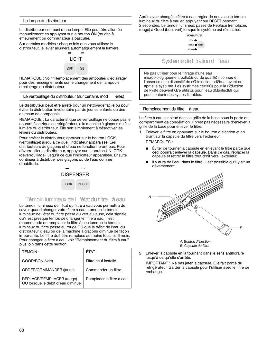 Sears T1KB2/T1RFKB2 manual Système de filtration d’eau, Le lampe du distributeur, Remplacement du filtre à eau 