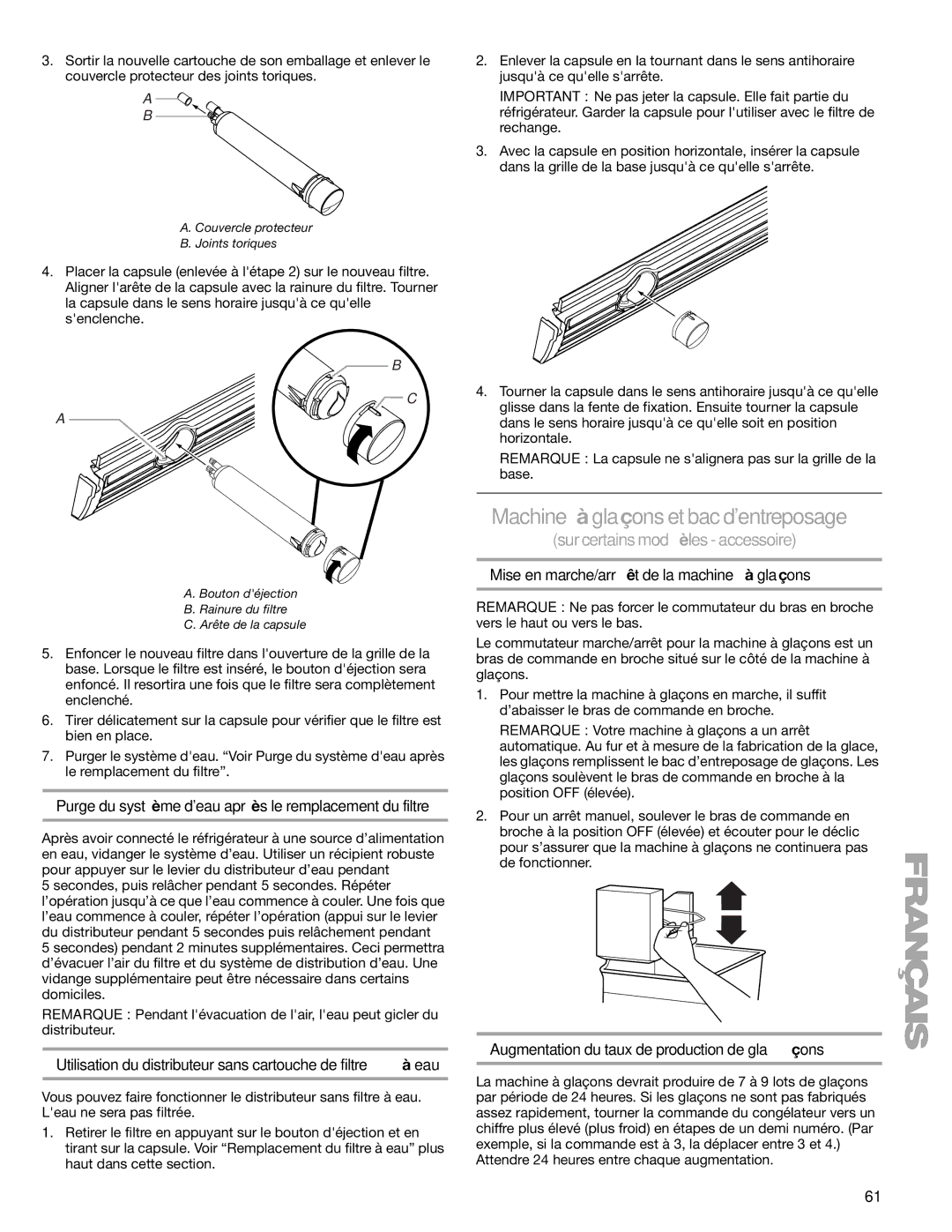 Sears T1KB2/T1RFKB2 manual Machine à glaçons et bac dentreposage, Sur certains modèles accessoire 