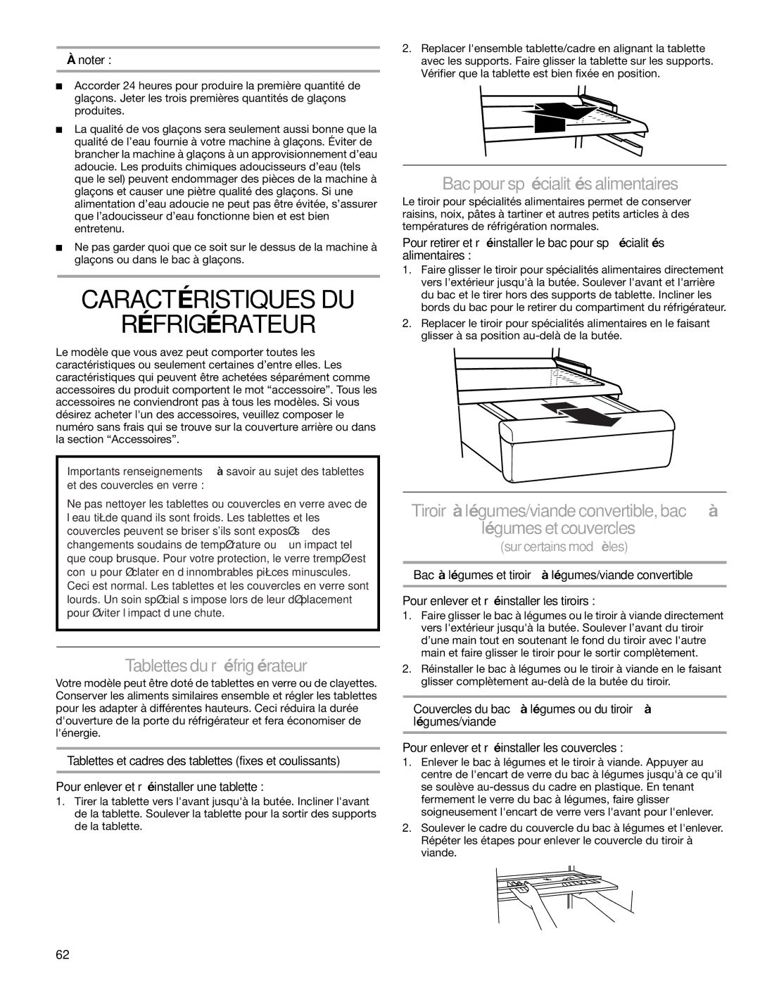 Sears T1KB2/T1RFKB2 manual Caractéristiques DU Réfrigérateur, Tablettes du réfrigérateur, Bac pour spécialités alimentaires 