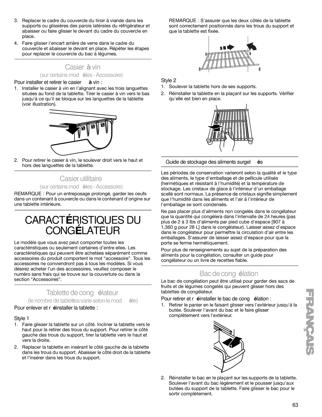 Sears T1KB2/T1RFKB2 manual Caractéristiques DU Congélateur, Casier à vin, Casier utilitaire, Tablette de congélateur 