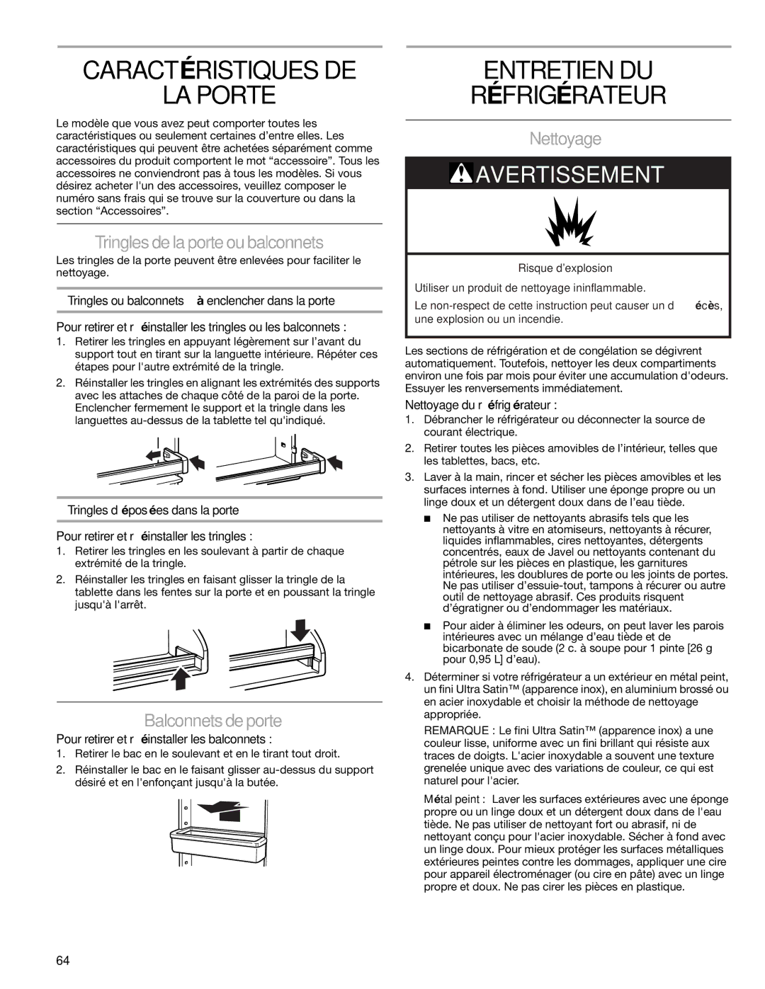 Sears T1KB2/T1RFKB2 manual Caractéristiques DE LA Porte, Entretien DU Réfrigérateur, Tringles de la porte ou balconnets 