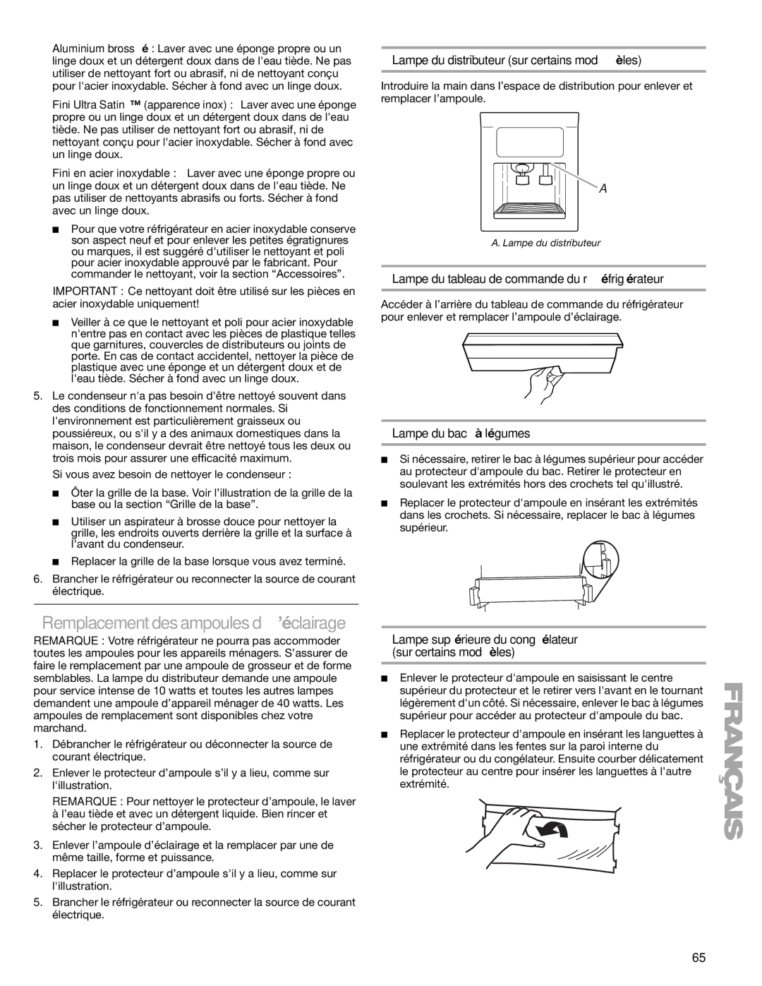 Sears T1KB2/T1RFKB2 manual Lampe du distributeur sur certains modèles, Lampe du tableau de commande du réfrigérateur 