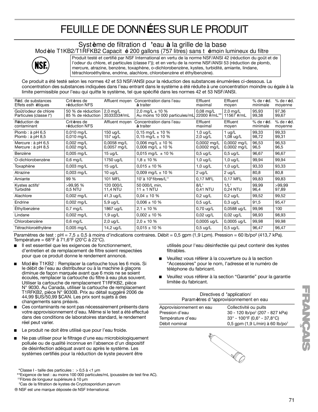 Sears T1KB2/T1RFKB2 manual Feuille DE Données SUR LE Produit, Système de filtration d’eau à la grille de la base 