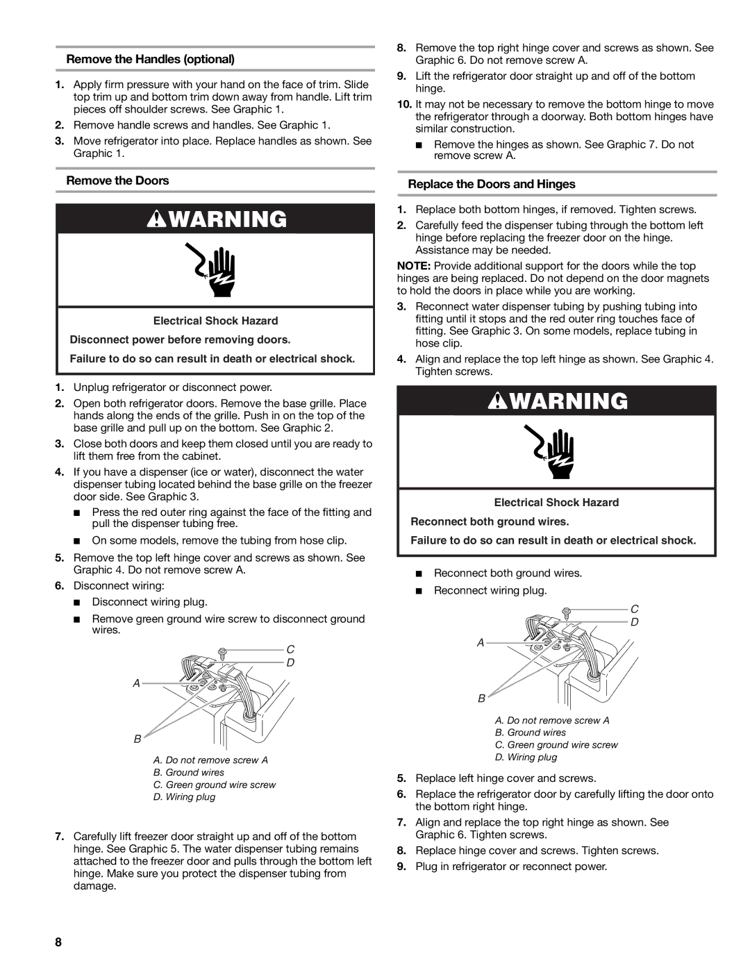 Sears T1KB2/T1RFKB2 manual Remove the Handles optional, Remove the Doors, Replace the Doors and Hinges 