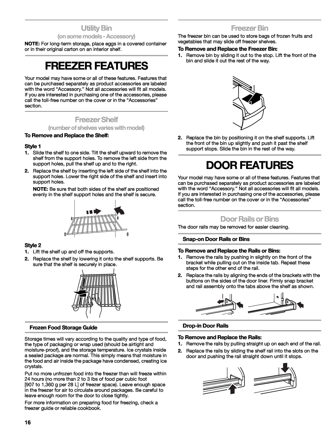 Sears T1KB2/T1RFKB2 Freezer Features, Door Features, Utility Bin, Freezer Shelf, Freezer Bin, Door Rails or Bins, Style 