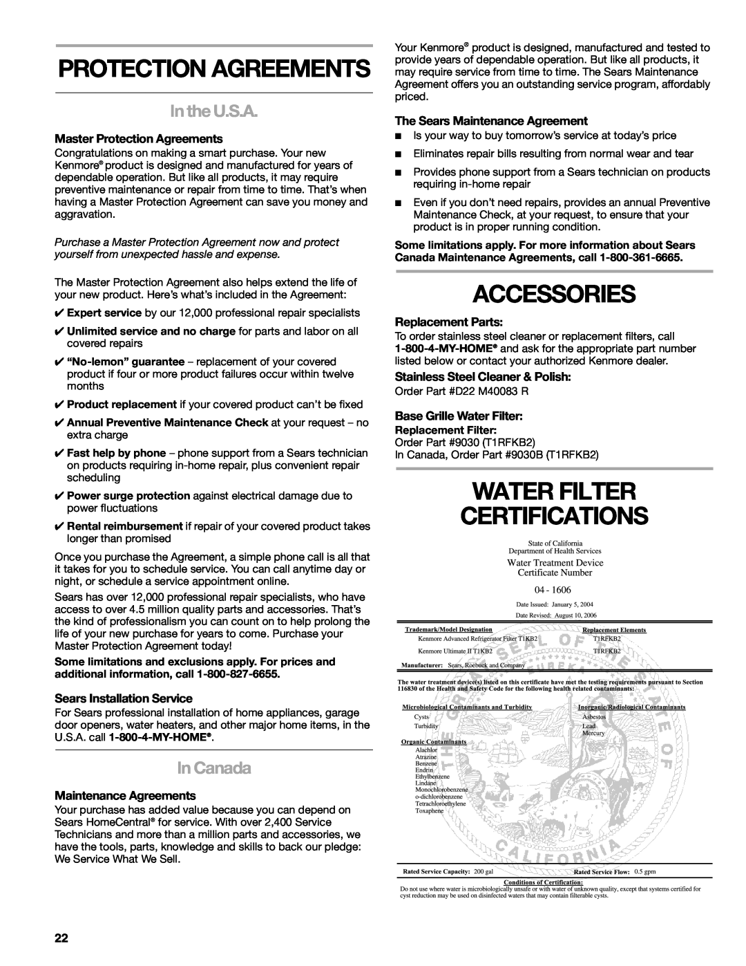 Sears T1KB2/T1RFKB2 manual Accessories, Water Filter Certifications, Protection Agreements, In the U.S.A, In Canada 