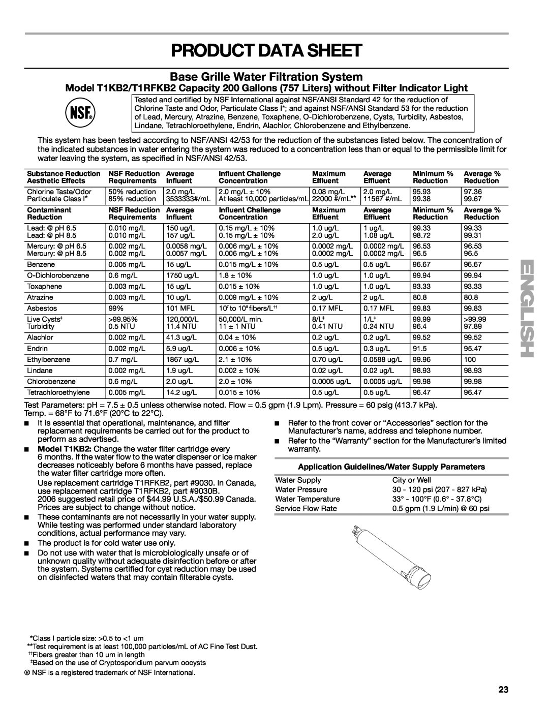 Sears T1KB2/T1RFKB2 manual Product Data Sheet, Base Grille Water Filtration System 