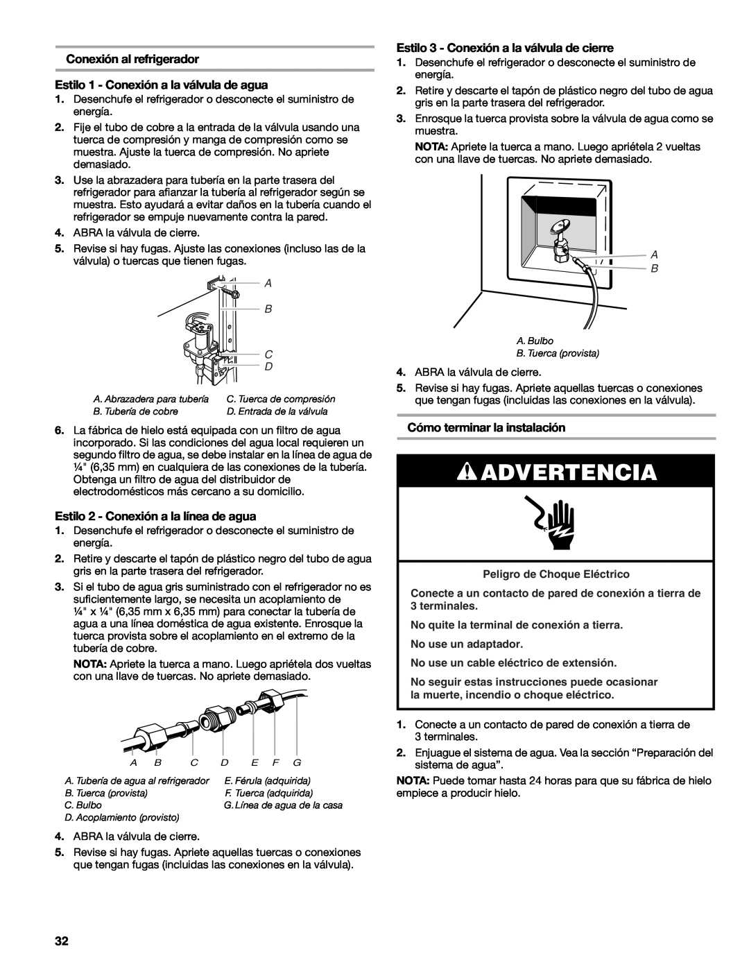 Sears T1KB2/T1RFKB2 manual Conexión al refrigerador, Estilo 1 - Conexión a la válvula de agua, Cómo terminar la instalación 