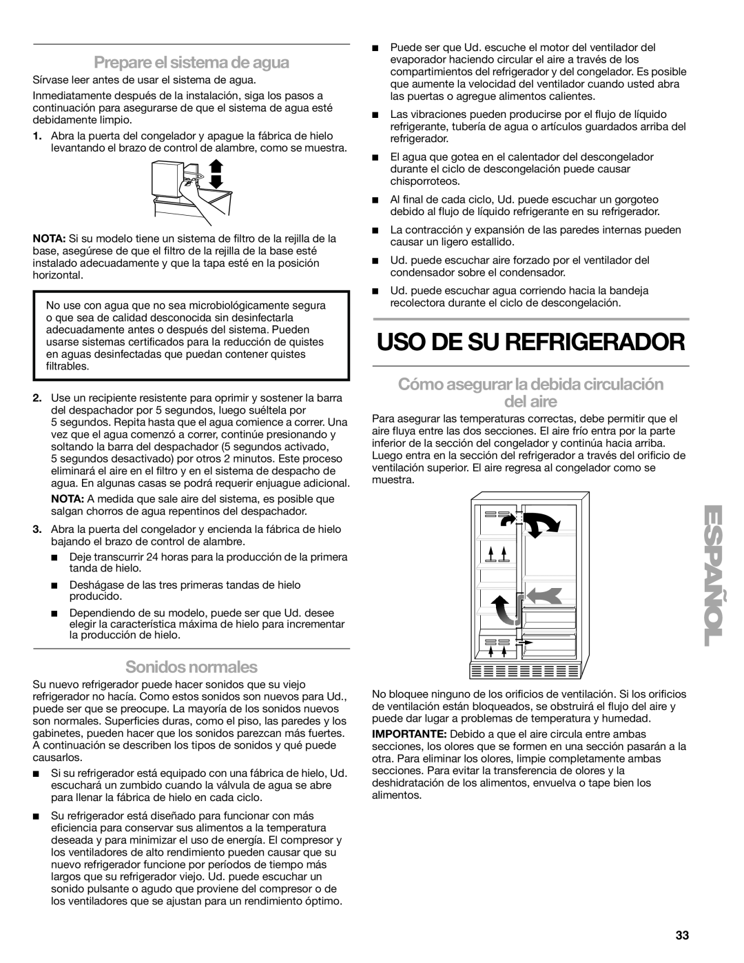 Sears T1KB2/T1RFKB2 manual Uso De Su Refrigerador, Prepare el sistema de agua, Sonidos normales 