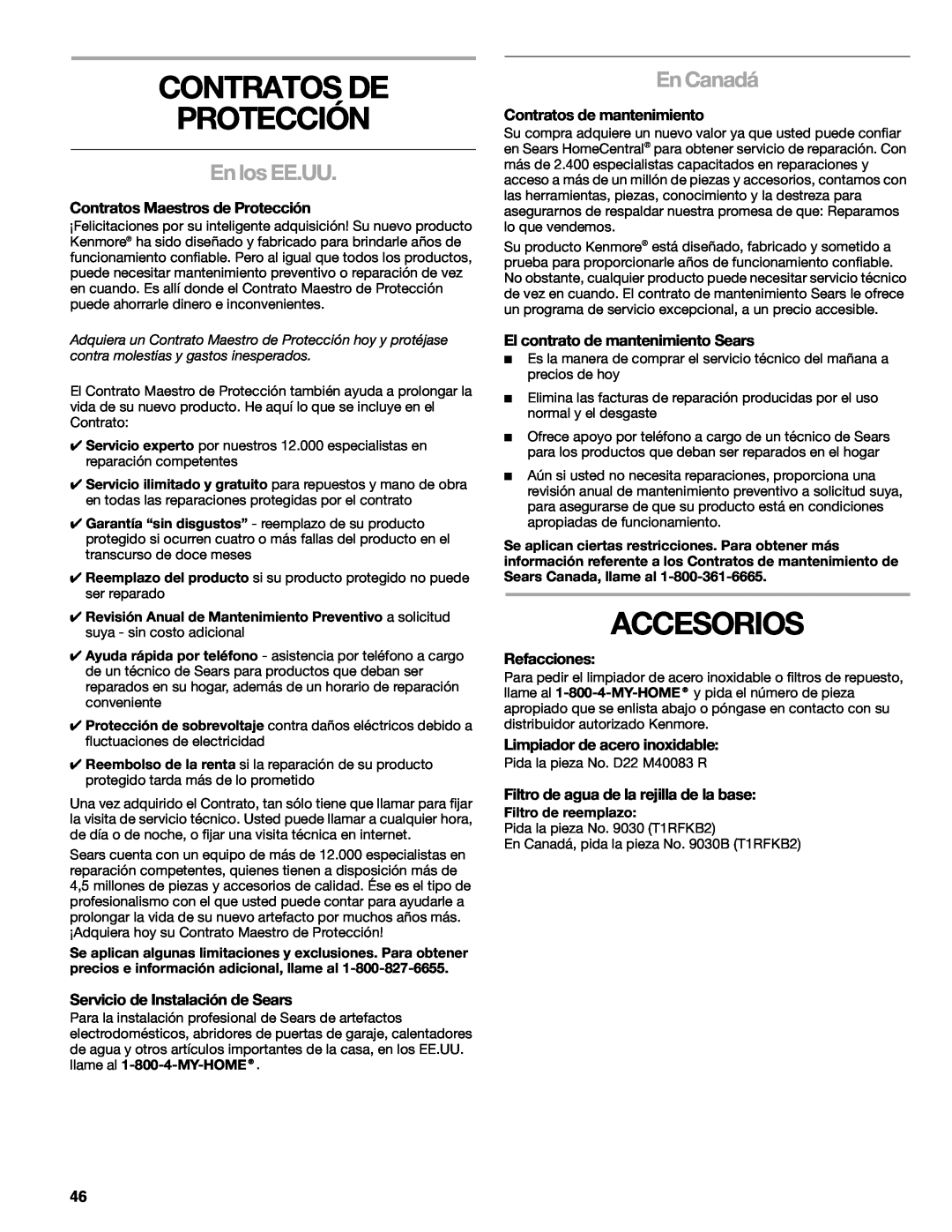 Sears T1KB2/T1RFKB2 manual Contratos De Protección, Accesorios, En los EE.UU, En Canadá, Contratos Maestros de Protección 