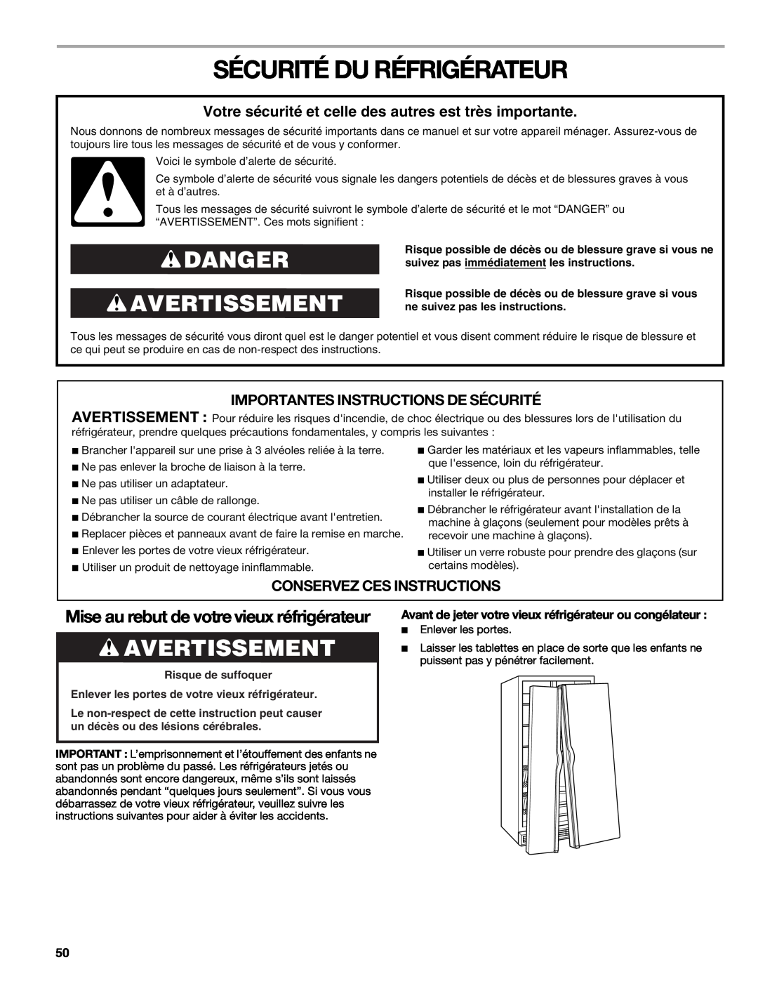 Sears T1KB2/T1RFKB2 manual Sécurité Du Réfrigérateur, Danger Avertissement, Mise au rebut de votre vieux réfrigérateur 