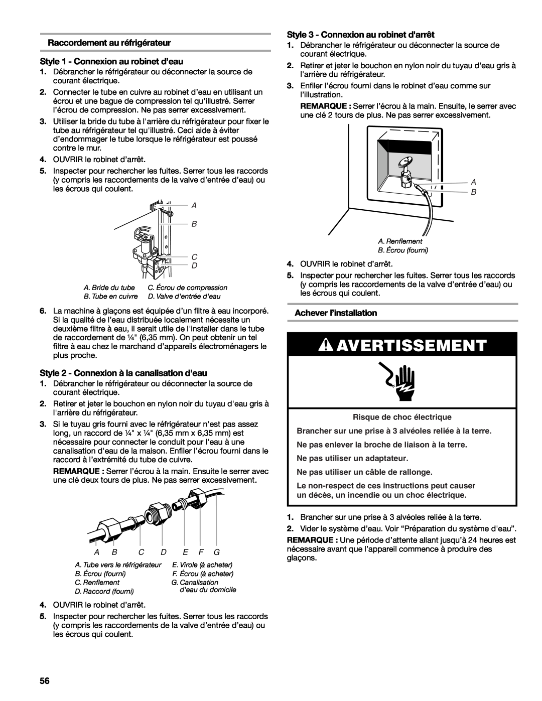Sears T1KB2/T1RFKB2 manual Raccordement au réfrigérateur, Style 1 - Connexion au robinet d’eau, Achever l’installation 