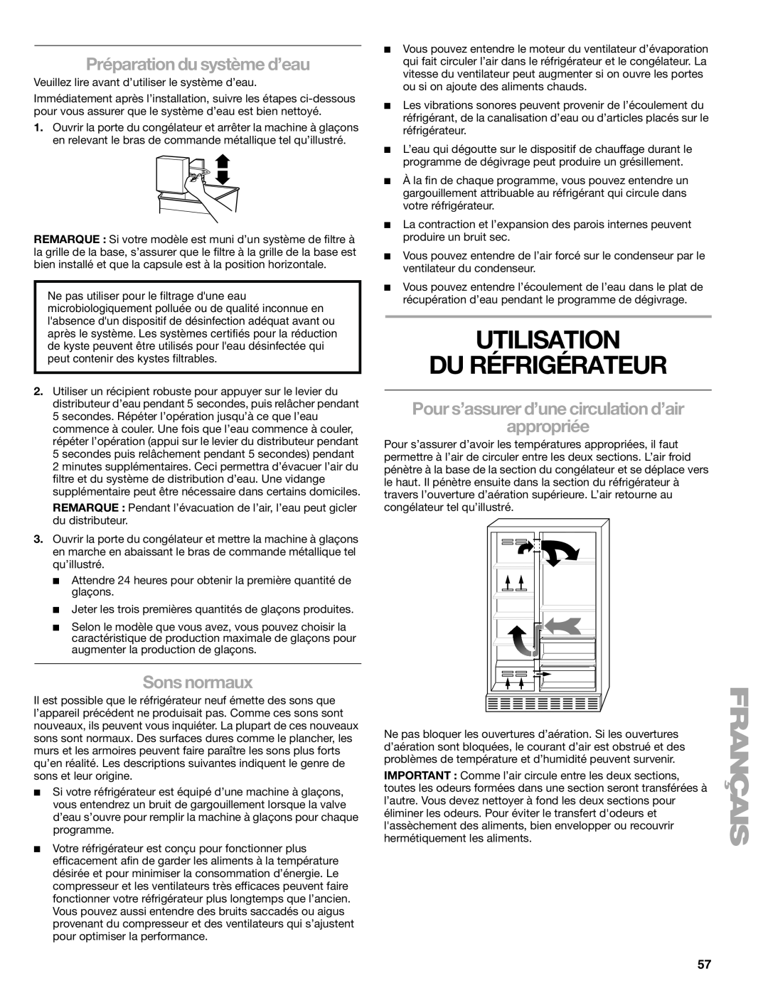 Sears T1KB2/T1RFKB2 manual Utilisation Du Réfrigérateur, Préparation du système d’eau, Sons normaux 
