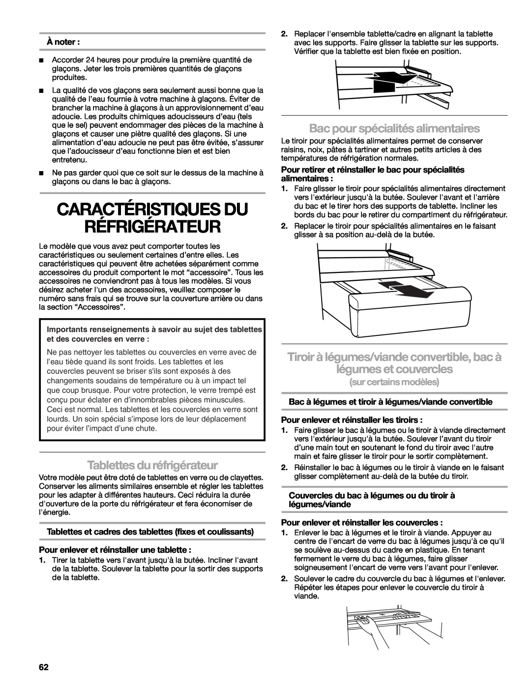 Sears T1KB2/T1RFKB2 manual Caractéristiques Du Réfrigérateur, Tablettes du réfrigérateur, Bac pour spécialités alimentaires 