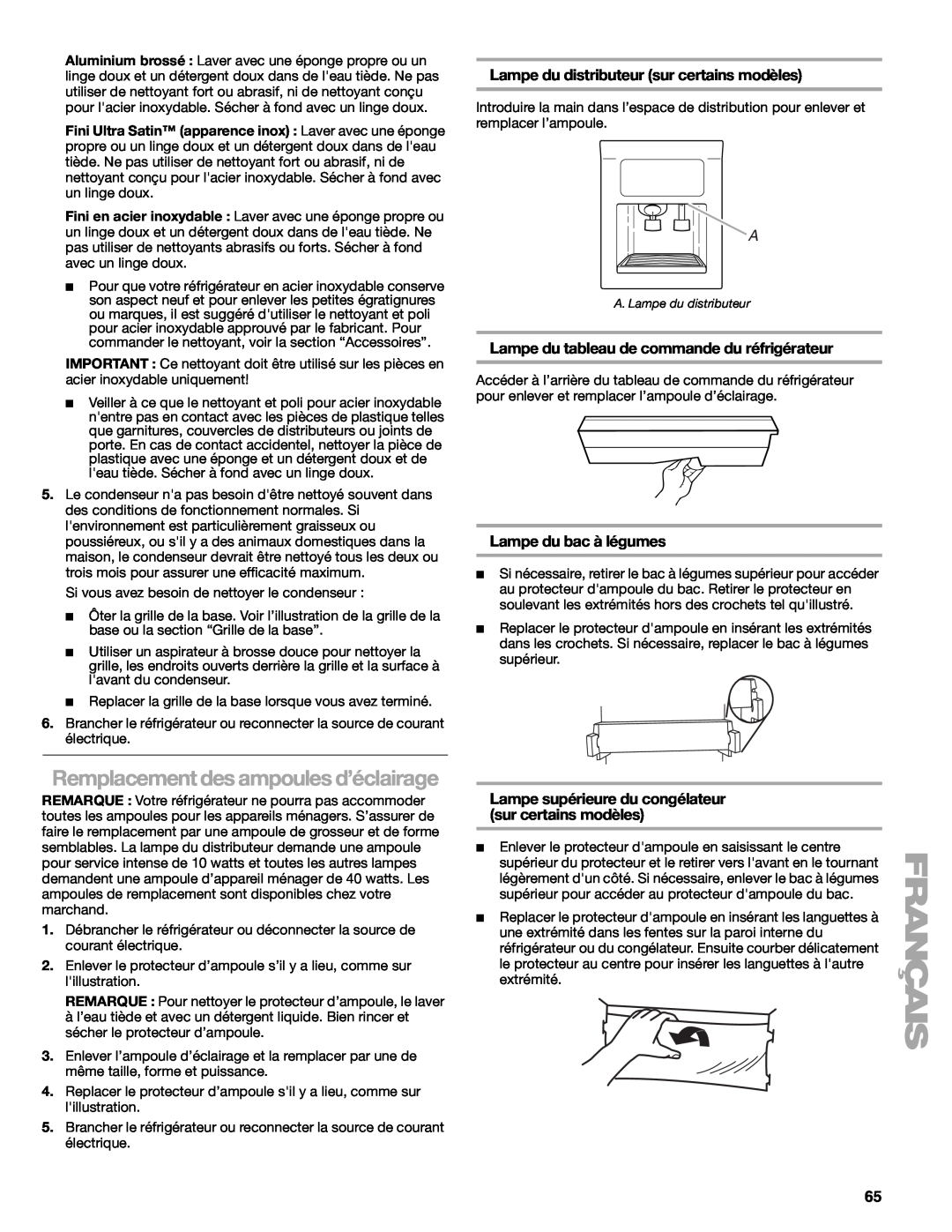 Sears T1KB2/T1RFKB2 manual Remplacement des ampoules d’éclairage, Lampe du distributeur sur certains modèles 