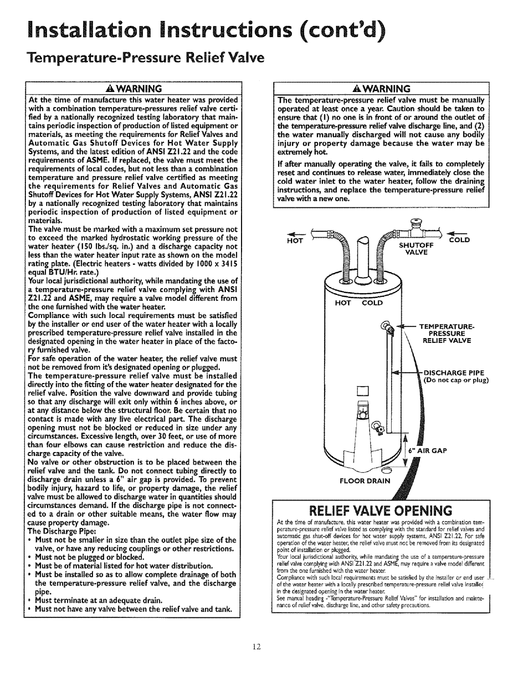 Sears 153.33651I, T53, 33631I, 336350 30 GAL, 153.33685, 153.33675 Installation in ructions, Temperature-Pressure Relief Valve 