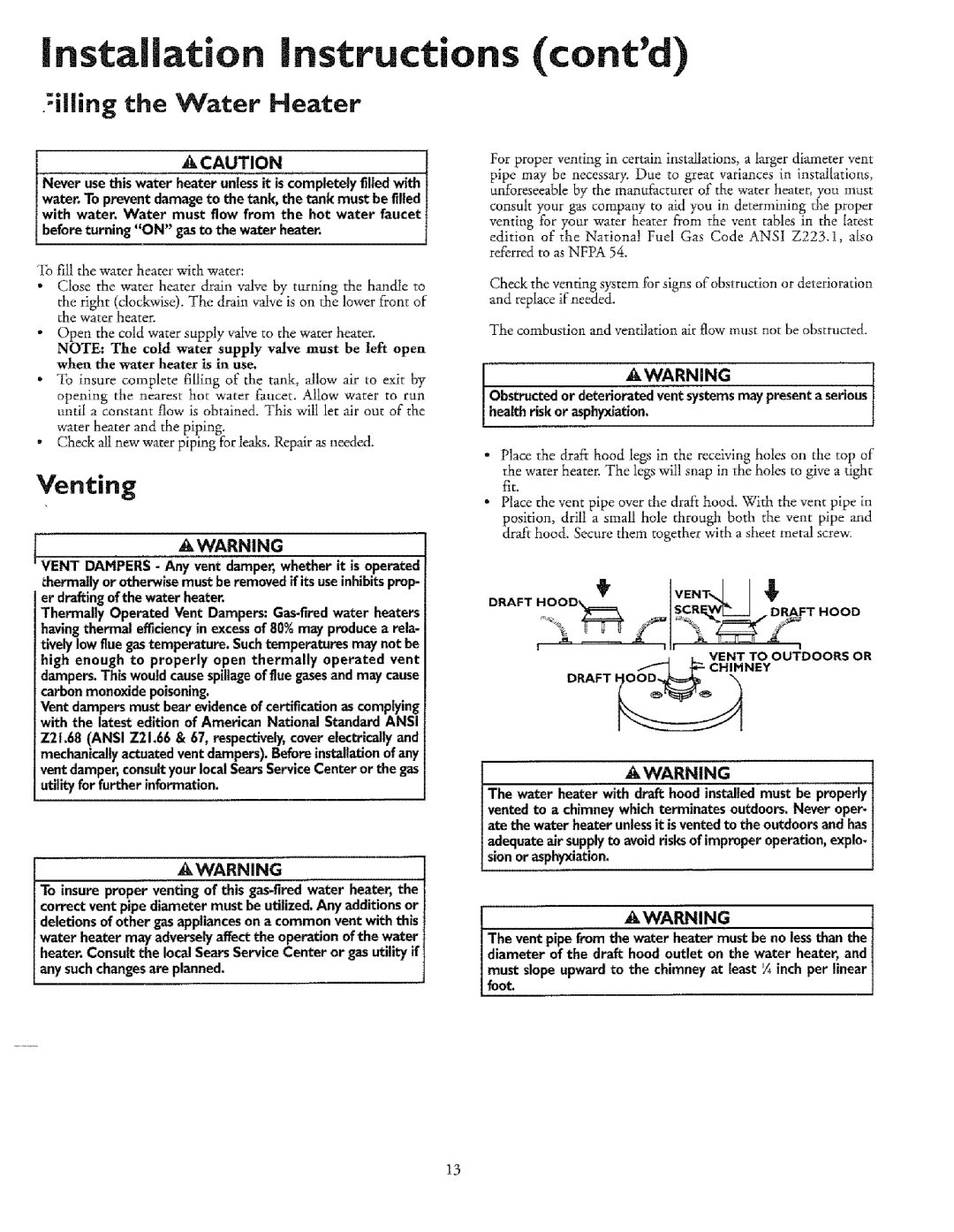 Sears T53, 33631I, 336350 30 GAL, 153.33685, 153.33675, 153.33625, 153.336411 Installation instructions contd, Venting 