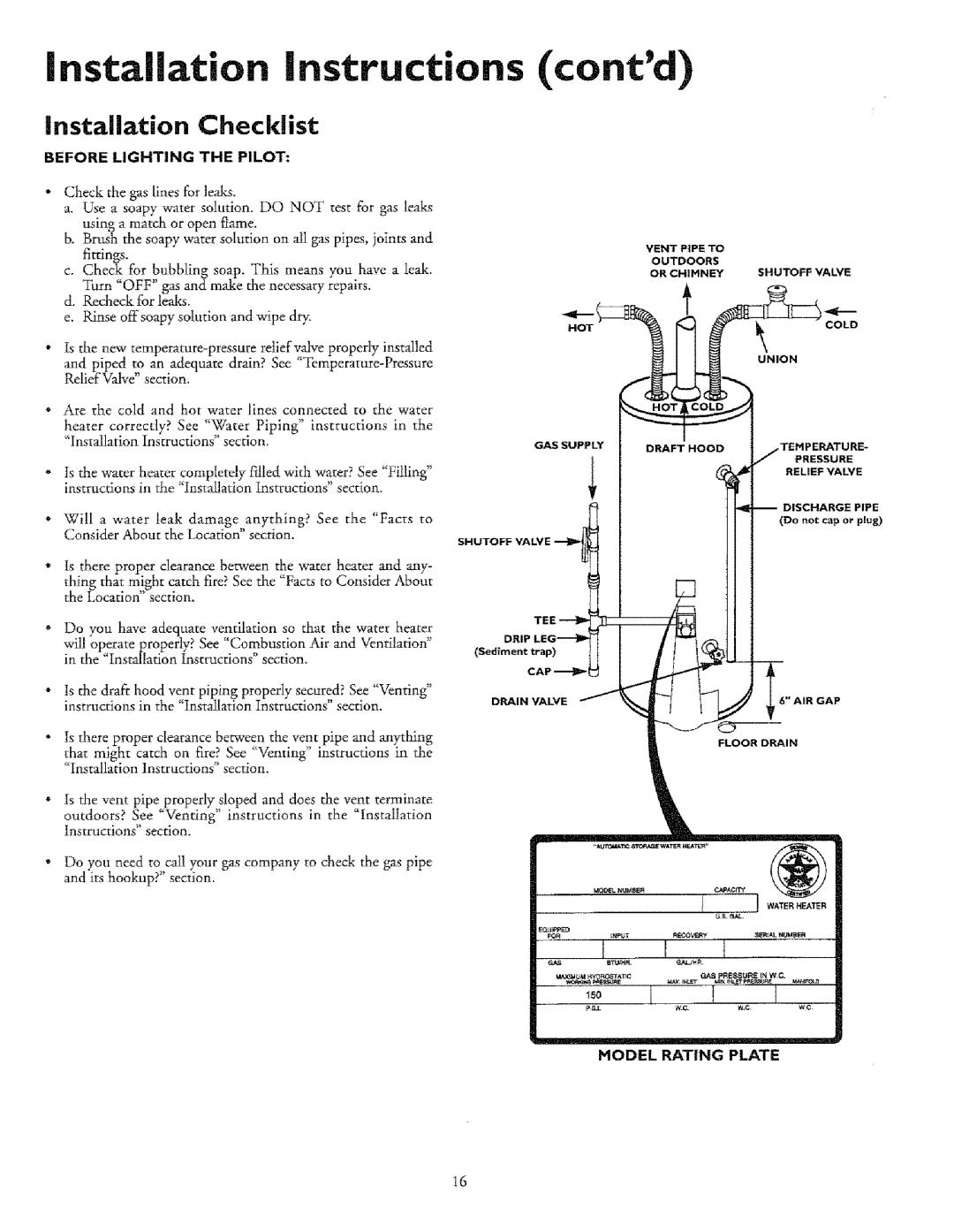 Sears 336350 30 GAL, T53, 33631I, 153.33685 Installation Checklist, Before Lighting the Pilot, Model Rating Plate 