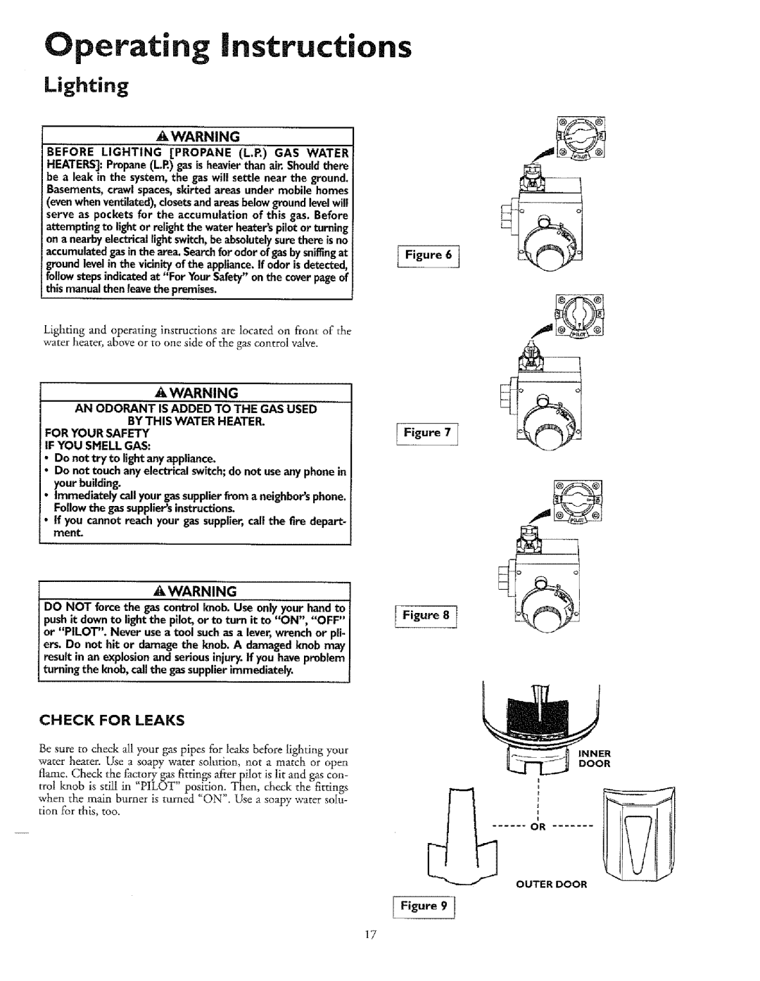 Sears 153.33685, T53, 33631I, 336350 30 GAL, 153.33675, 153.33625, 153.336411 Operating Instructions, Lighting, Check for Leaks 