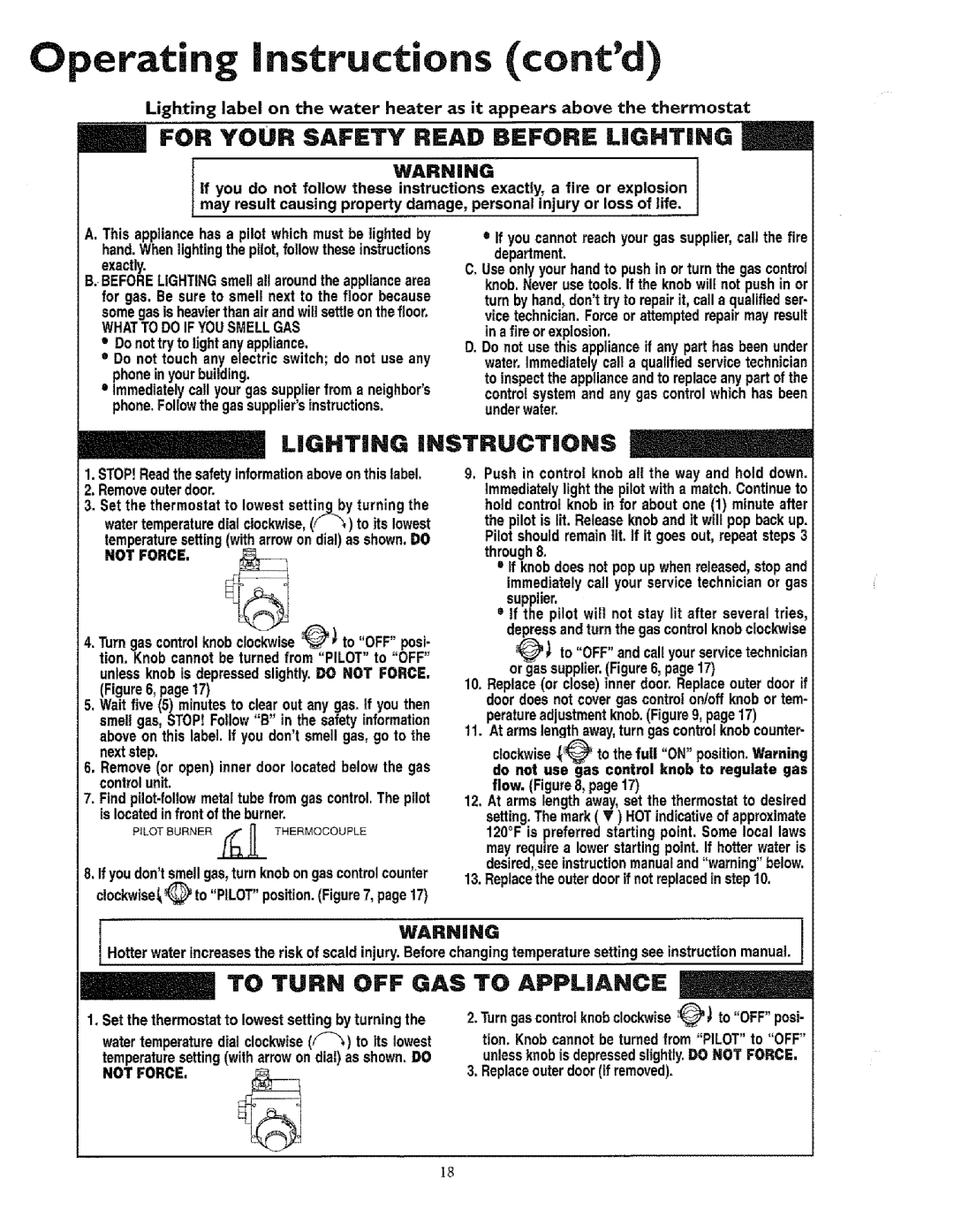 Sears 153.33675, T53, 33631I, 336350 30 GAL, 153.33685 Operating Instructions contd, Whattodo if Yousmellgas, Not Force 