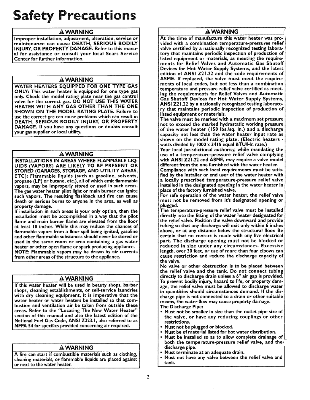 Sears 33631I, T53, 336350 30 GAL, 153.33685, 153.33675 Safety recautions, Water Heaters Equipped for ONE Type GAS 