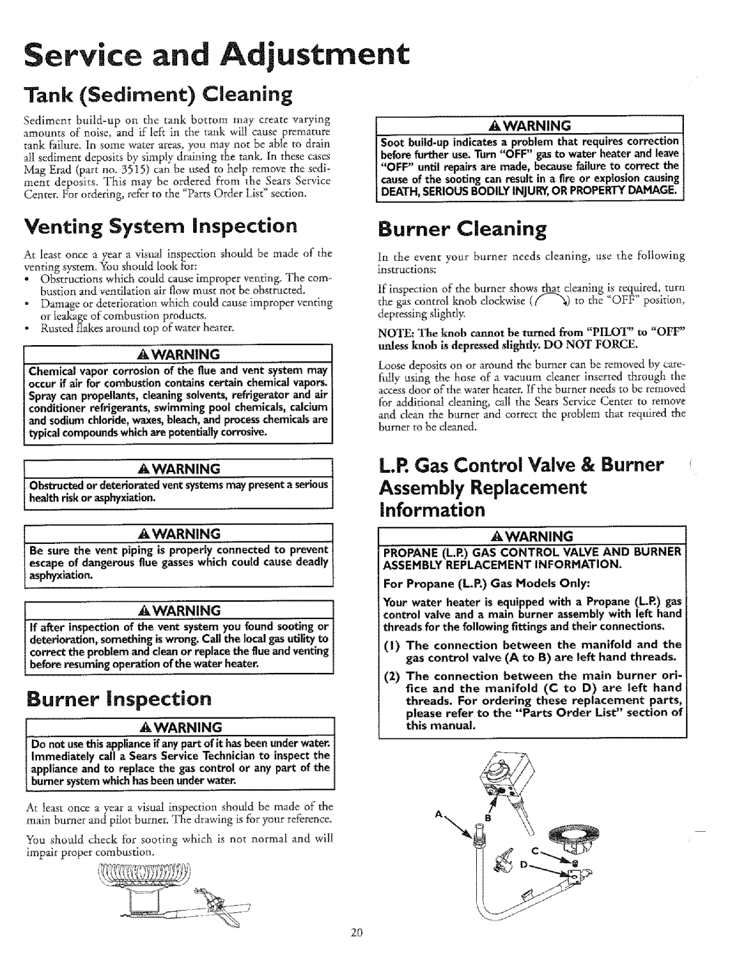 Sears 153.336411, T53, 33631I, 336350 30 GAL, 153.33685 Service and Adjustment, Venting System inspection, Burner Inspection 