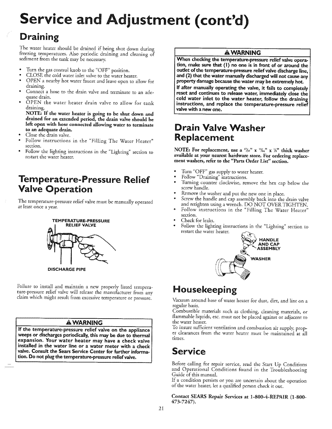 Sears 153.3368I1, T53 Service and Adjustment contd, Temperature-Pressure Relief Valve Operation, Housekeeping, Draining 