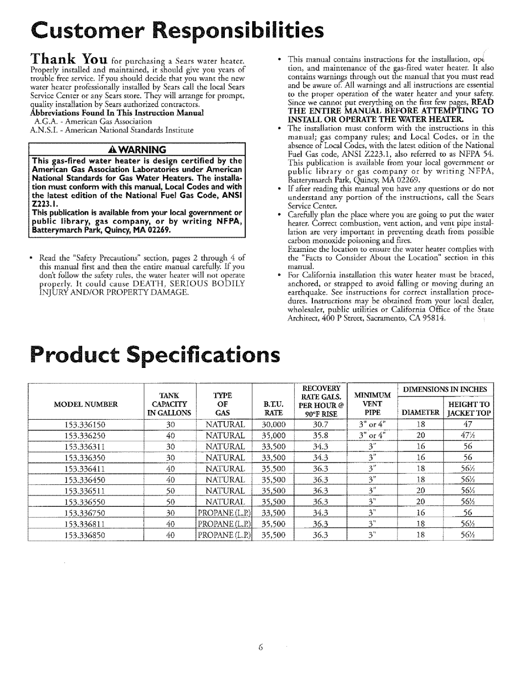 Sears 153.33625, T53, 33631I, 336350 30 GAL, 153.33685, 153.33675, 153.336411, 153.3368I1 Roduct, Customerponsibilities 