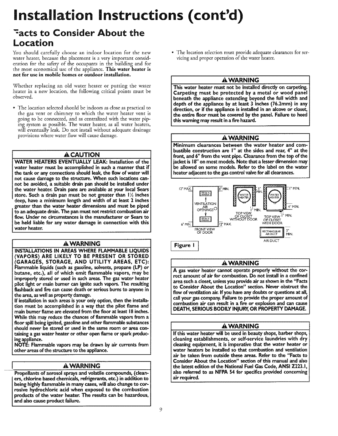 Sears 153.33645, T53, 33631I, 336350 30 GAL, 153.33685 Installation Instructions contd, Acts to Consider About Location 