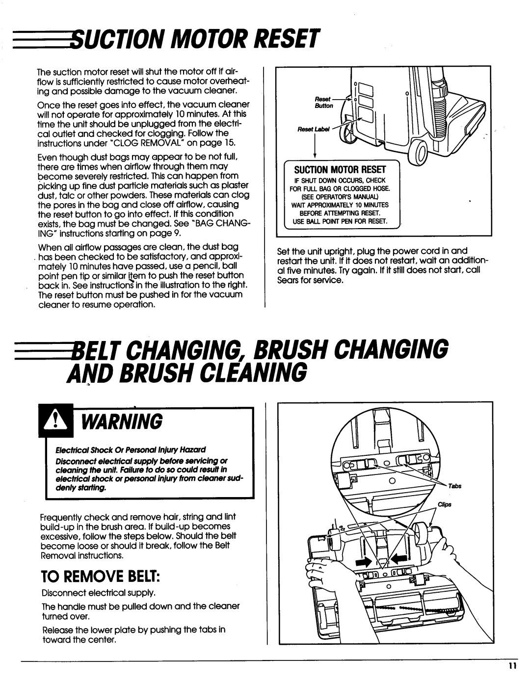 Sears Vacuum Cleaner owner manual Suction Motorreset, To Removebelt 