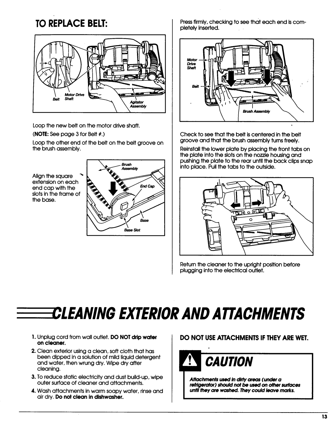 Sears Vacuum Cleaner owner manual Leaning Exteriorandattachments, Toreplacebelt, On cleaner 