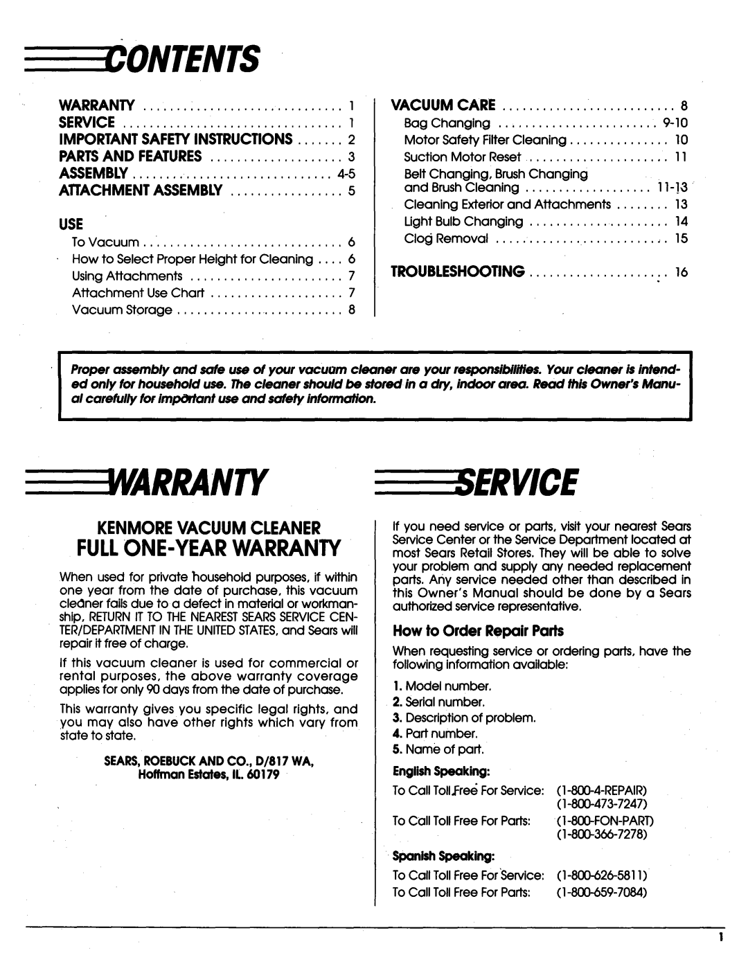 Sears Vacuum Cleaner owner manual Fullone-Yearwarranty 