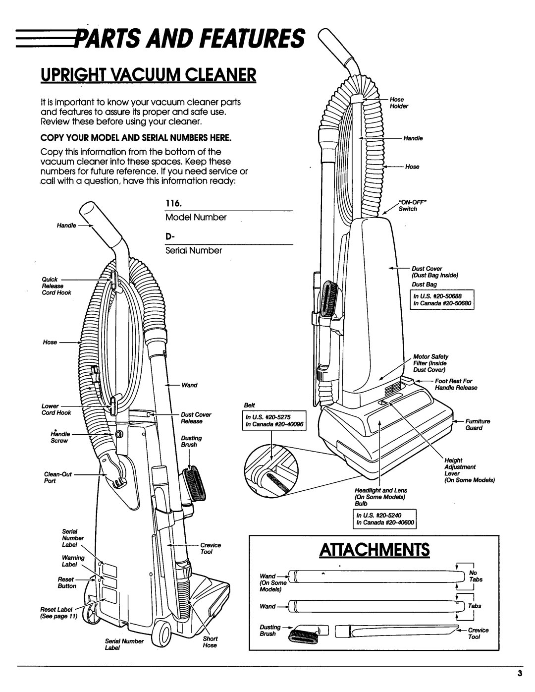 Sears Vacuum Cleaner owner manual Andfeatures, 116 