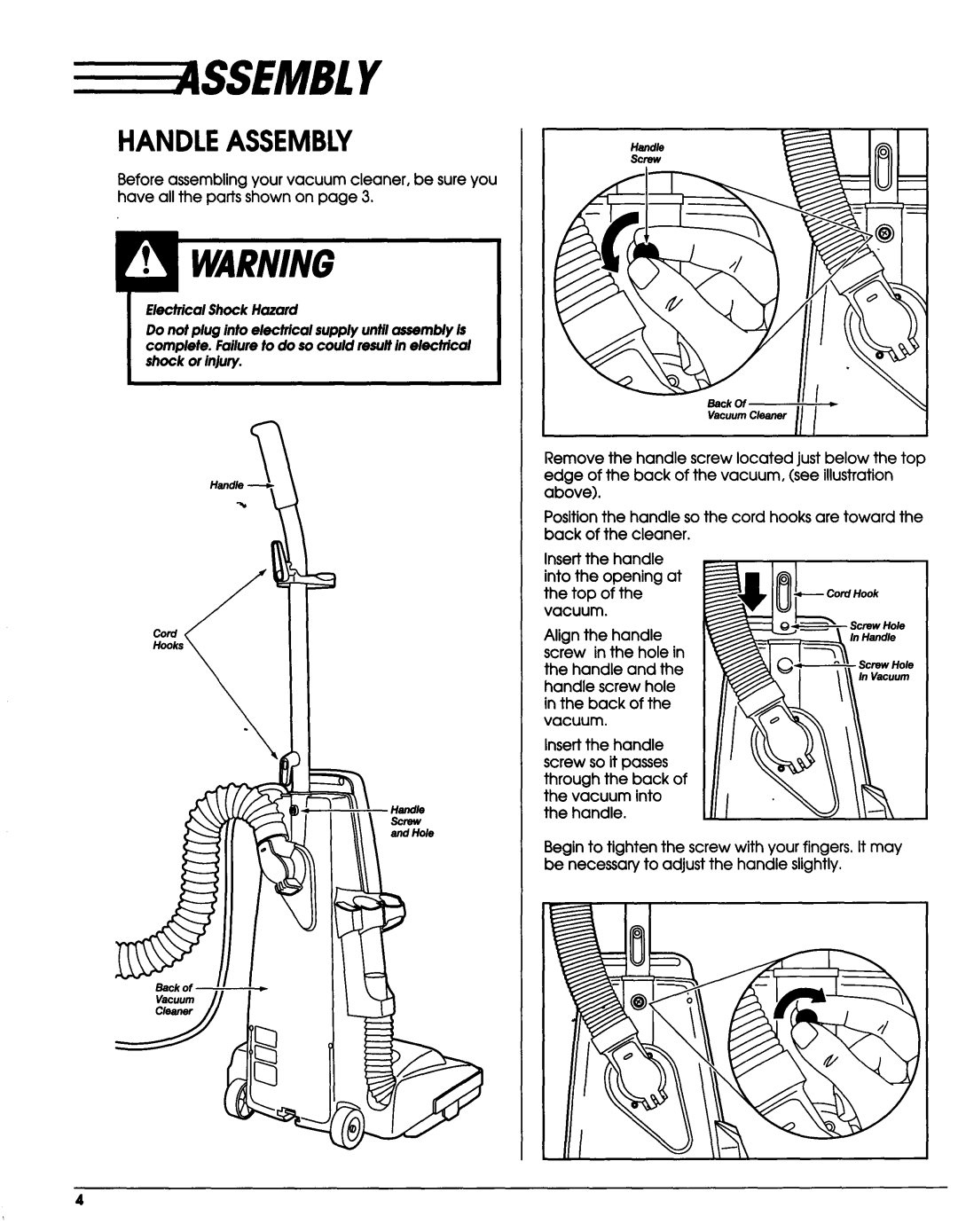 Sears Vacuum Cleaner owner manual Handleassembly, Handle screw hole in the back 