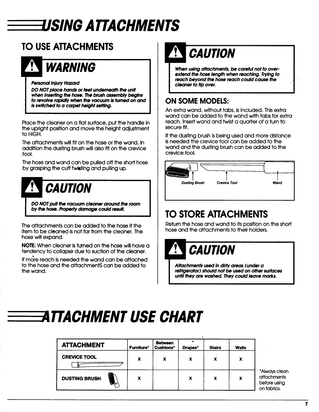 Sears Vacuum Cleaner owner manual Ttachmentusechart, To Useattachments, To Storeattachments, Attachments 