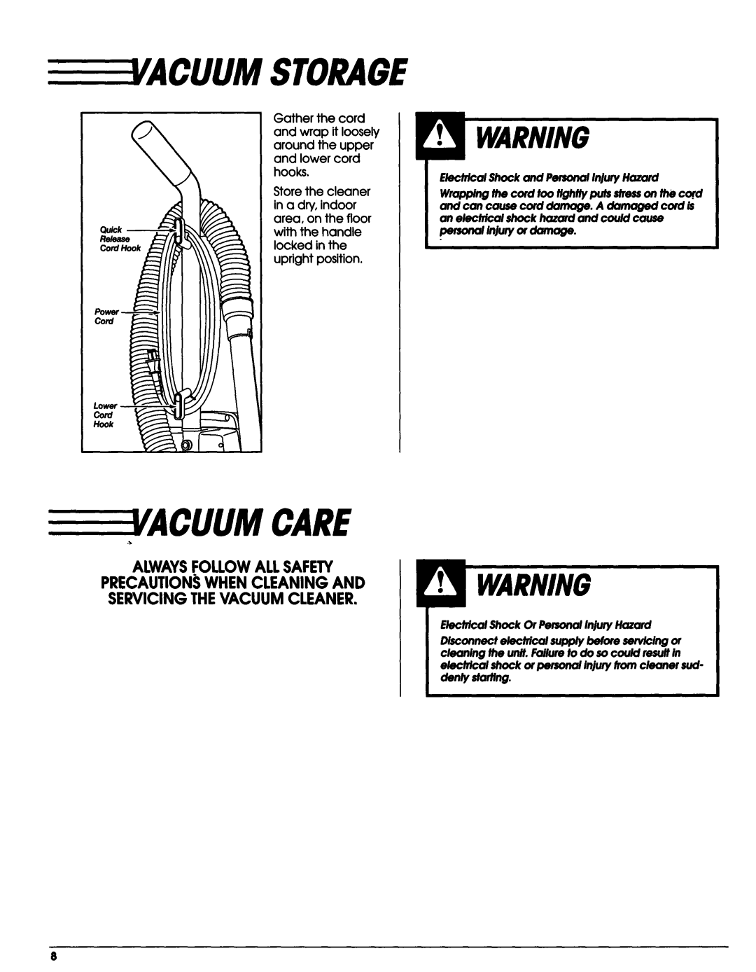 Sears Vacuum Cleaner owner manual Eeeeeevacuum Storage, Eeeeewacuum Care, Gather the cord 