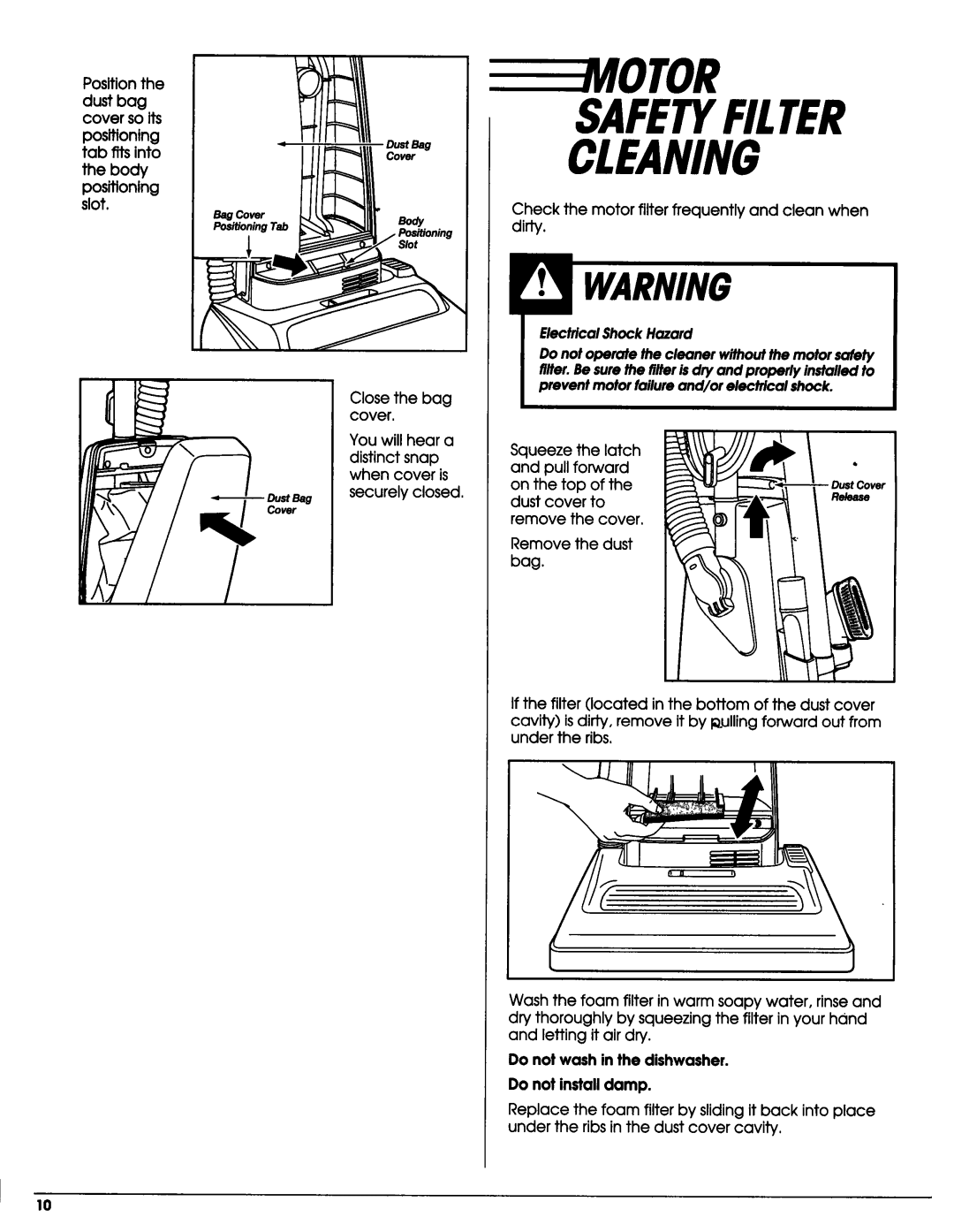 Sears Vacuum Cleaner owner manual Safetyfilter Cleanino, dustbag coverso its, ElectricalShock Hazard 