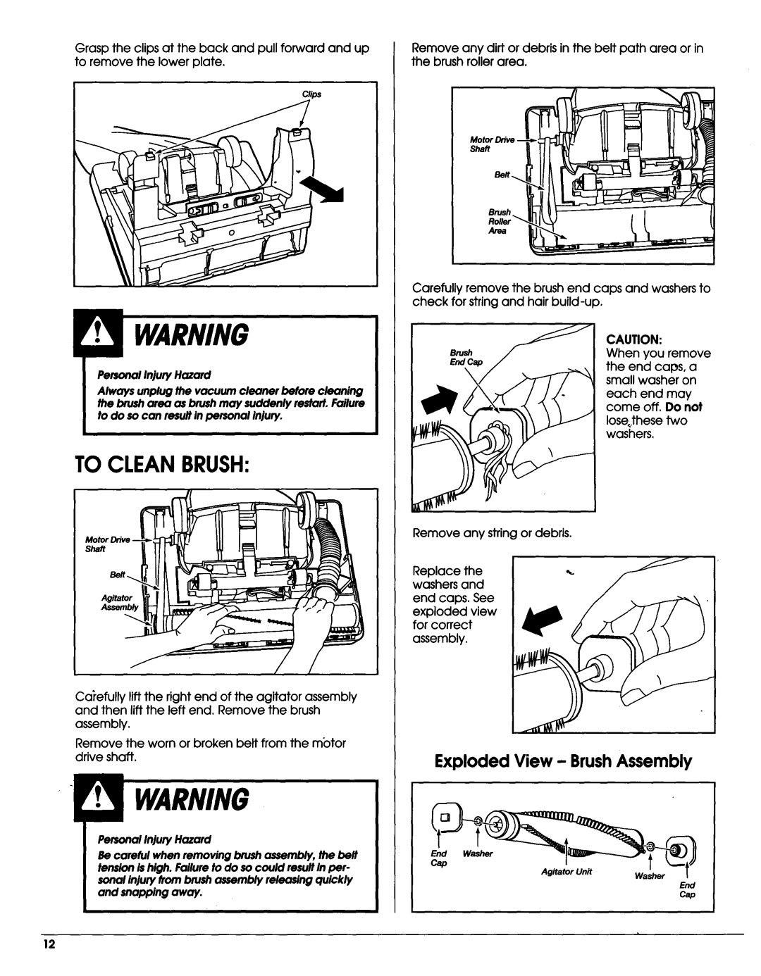 Sears Vacuum Cleaner owner manual To Cleanbrush, Exploded View - BrushAssembly, PersonalInjuryHazard, off. Do not 